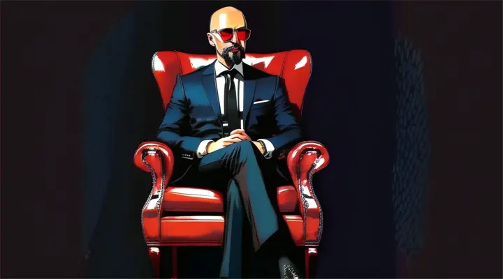 a drawing of a bald man with a full goatee wearing red sunglasses and a black suit and tie sitting in a leather armchair against a black background