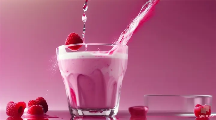 Creative food template. Topping fruit raspberry and ice cube splashing dropping onto glass of milk milkshake yoghurt smoothie with liquid droplet on dark red gradient background. copy text space 16:9