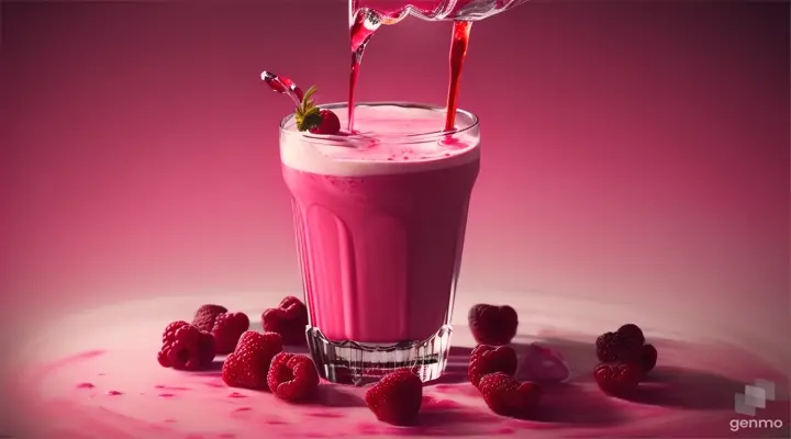 Creative food template. Topping fruit raspberry and ice cube splashing dropping onto glass of milk milkshake yoghurt smoothie with liquid droplet on dark red gradient background. copy text space 16:9