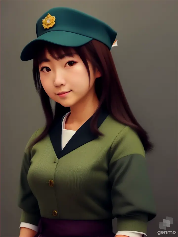 Señora Nanako Takanashi del anime Oniichan de 2011 con atuendo y gorra militar ve una pintura de su alumna Yumi Omura(de Chobits) donde Nanako aparece con delantal de cocina,cabello coleta y microfono.