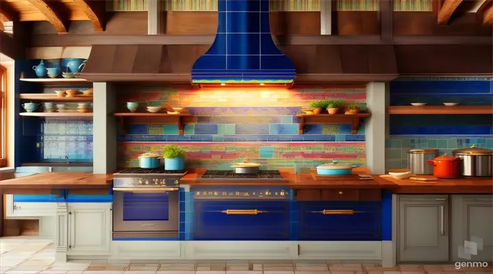 Cocina con azulejos azules y arquitectura tradicional catalana, Cocina moderna y artesanal, creada con 16:9