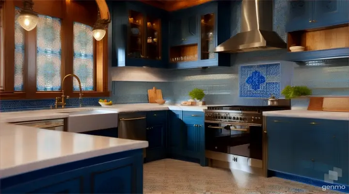 Cocina con azulejos azules y arquitectura tradicional catalana, Cocina moderna y artesanal, creada con 16:9