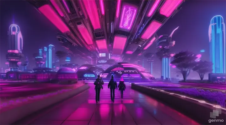 The couple gardening together, planting flowers. ((cyberpunk style)), Hi-Tech city, mechanical enhancement, (high-tech fantasy),