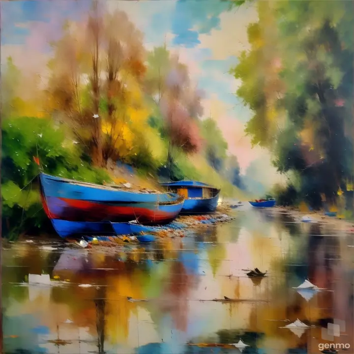 a painting of a blue boat on a river