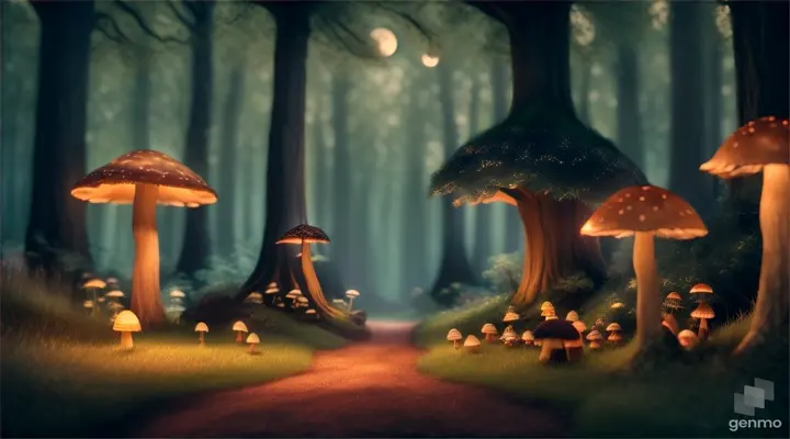 A светлячки in a moonlit forest, the tree trunks and mushrooms aglow with soft light, surrounded by friendly forest creatures