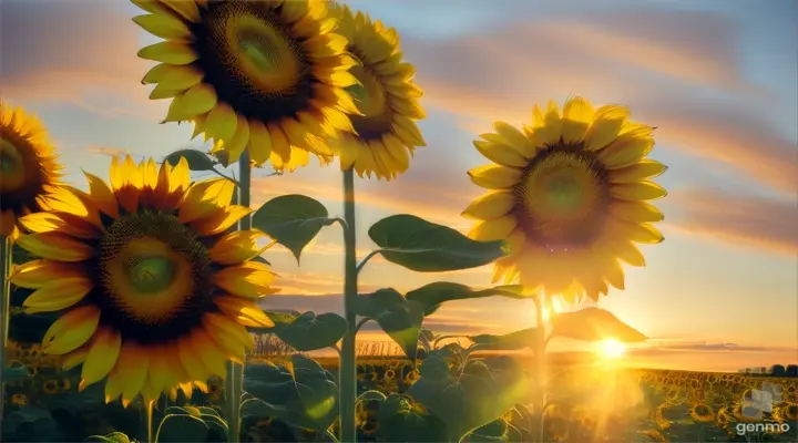 Sunflowers towering over the viewer, illuminated by soft golden hour light