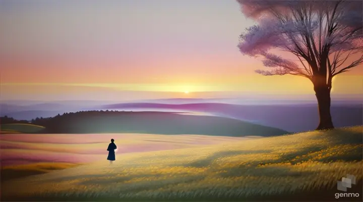 A lone person in silhouette standing on a hilltop in rural landscape of blooming daisies and cherry blossom trees at twilight