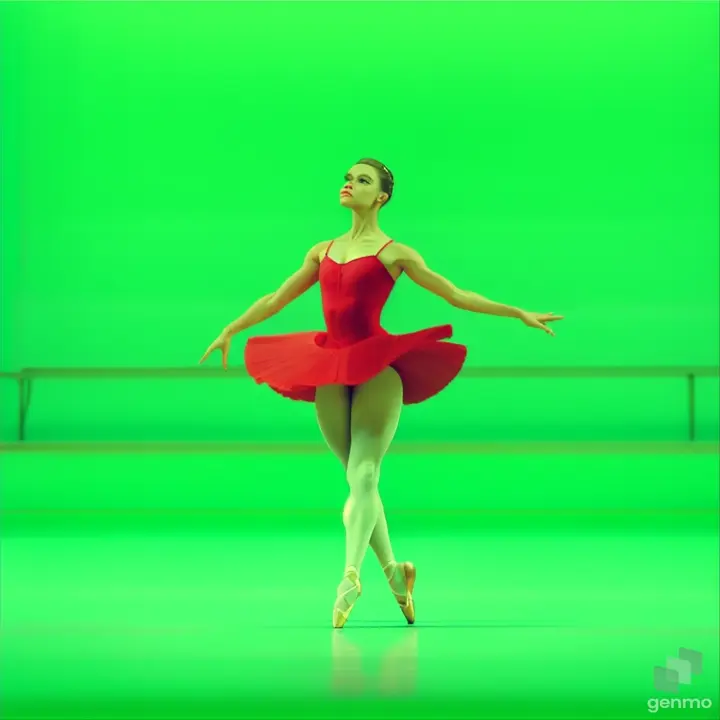 from the ballet “Carmen” with a beautiful curl.  A ballerina in a red short dress walks beautifully on pointe shoes with small steps across the stage.  walks around the stage.  green chromokey"