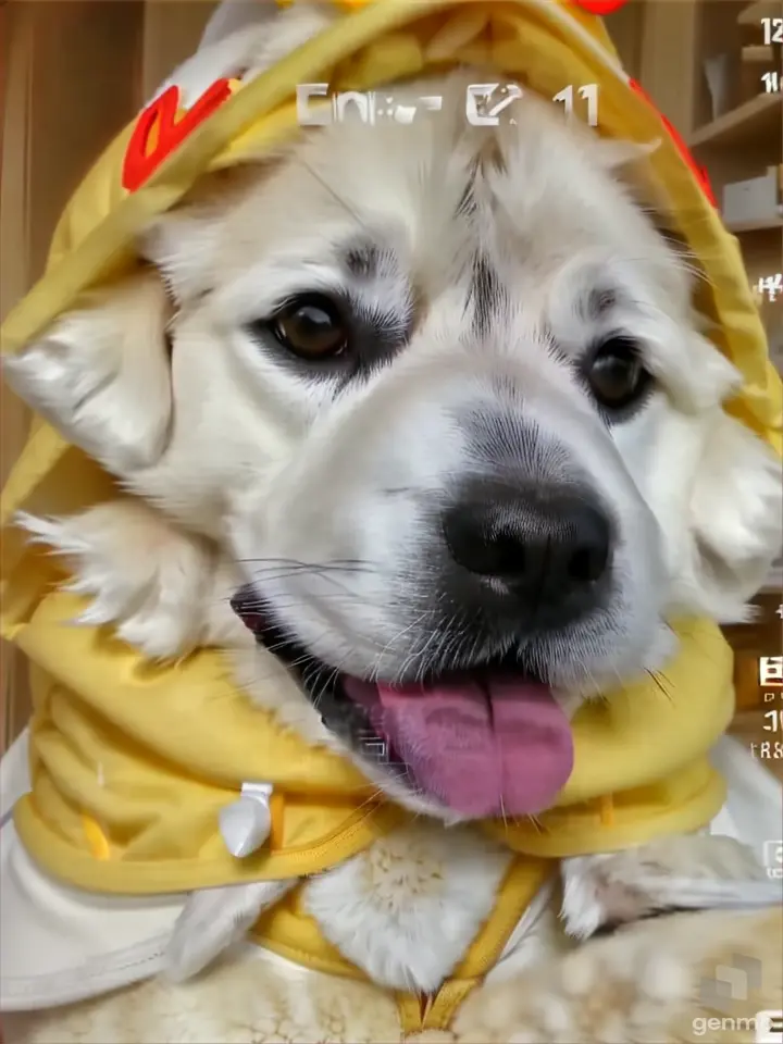 a white dog wearing a yellow hoodie