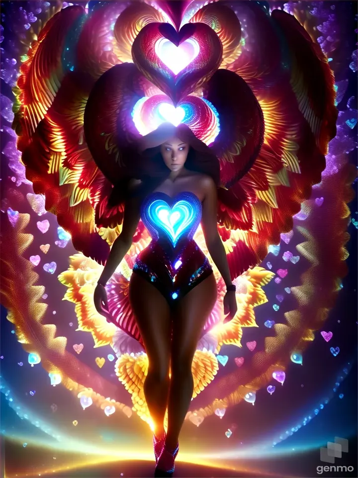a woman with a heart shaped wings on her body