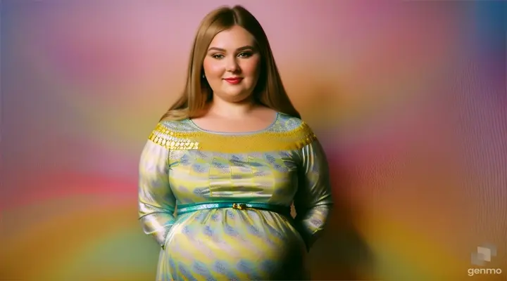 beautiful pragnent Russian woman plus size long hair in a lemon cotton summer pregnancy plus size stylish dresses stylish long sleeves shirt cotton top is posing for a picture clothes store 