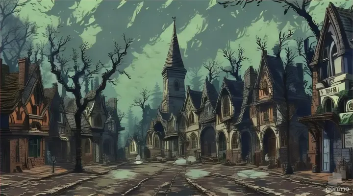 a painting of a city street with old buildings