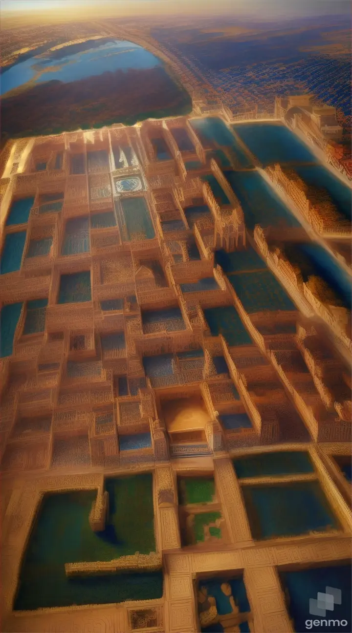 Aerial view of a sprawling ancient city, mosaic art, composed of thousands of hand-placed tiles 1：2