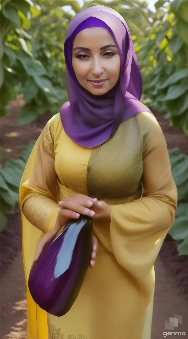 Wanita bule cantik memakai jilbab warna kuning  sedang menggenggam terong 🍆 panjang dan besar ditengah kebun terong 