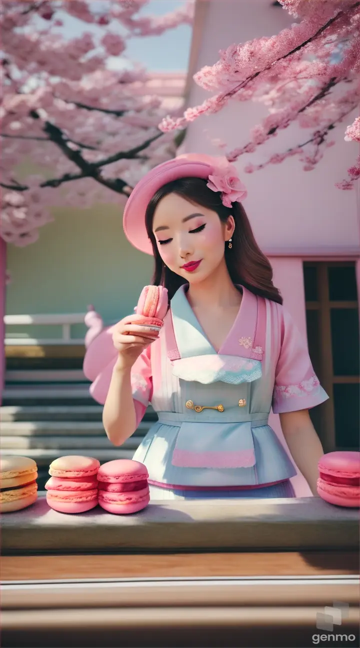 Women in pastel outfits surrounded by cherry blossoms, eating vibrant macarons on a Japanese-style terrace