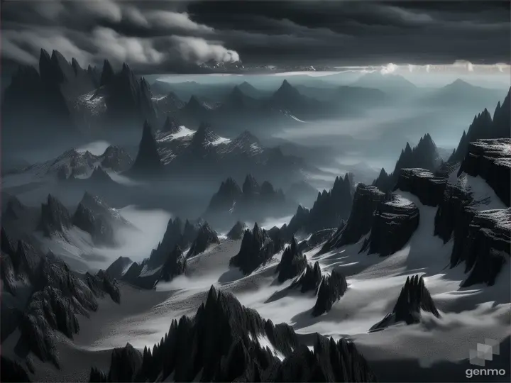 Begin with an image of a dark, ominous landscape, perhaps with swirling clouds and ominous shadows.