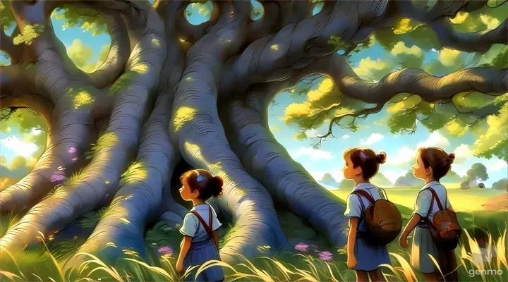 a painting of two children standing in front of a tree