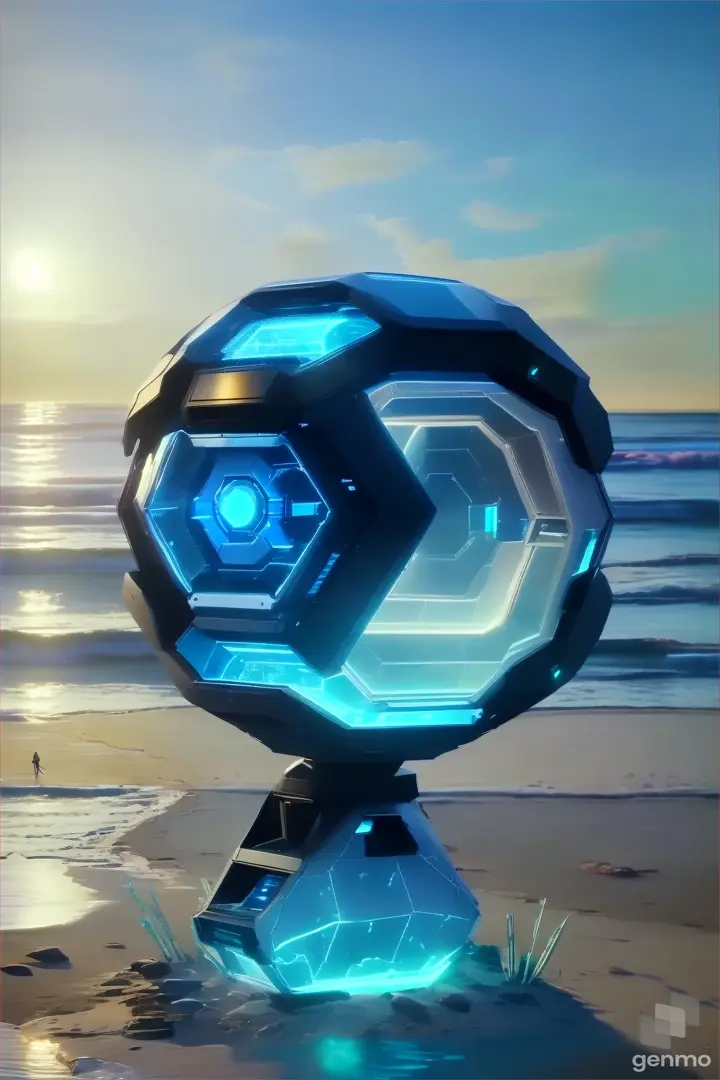 a futuristic object on a beach near the ocean