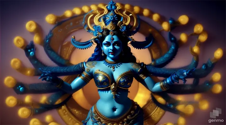 blue kali goddess dancing, realistic, full body