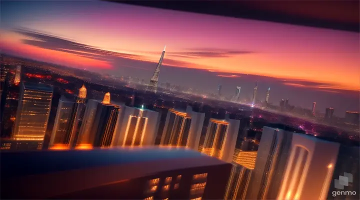 Penthouse with a view of a big city. Evening atmosphere and the moon can be seen in the background. Cinematic lighting