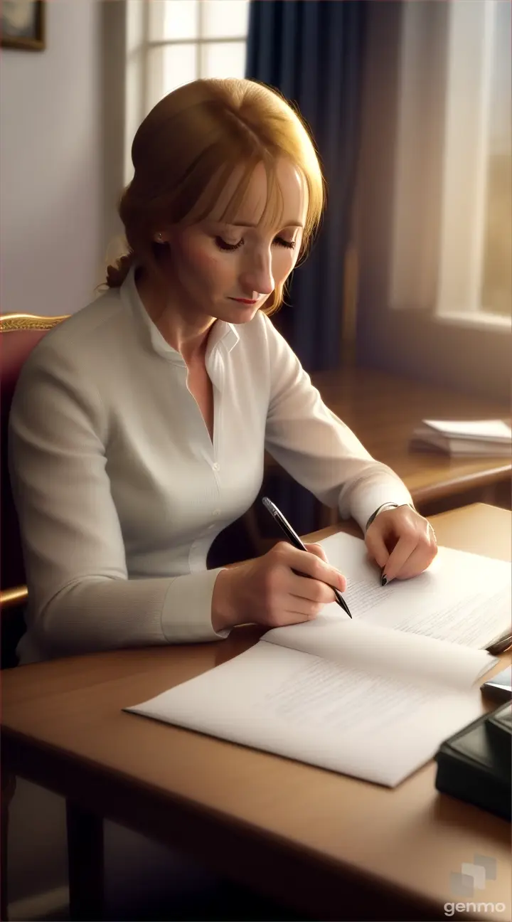 Transition to a scene of JK Rowling in tears, signing divorce papers