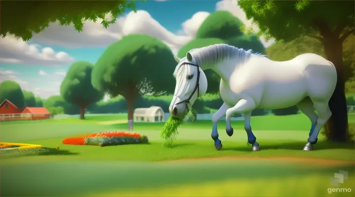 Horse eat herbs on the farm 3D cartoon