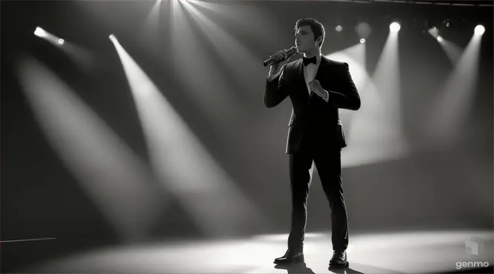 A man with a microphone stands in front of a spotlight, the background in darkness.