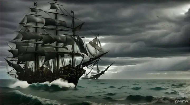 Pirate ship sinking in a roiling, gothic, stormy sea with creepy black-feathered chickens pecking at the sails