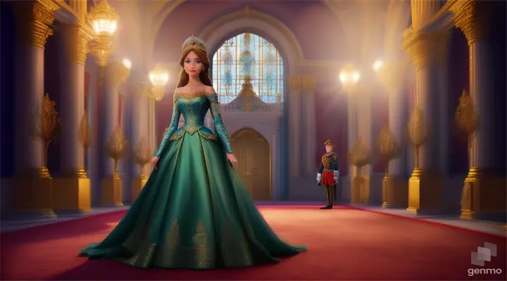 Cartoon very beautiful 20 years old girl with soldier's in royal palace 