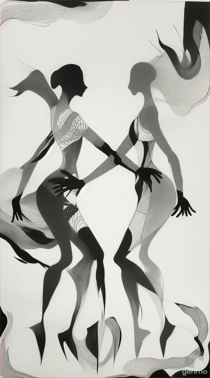 Two black and white inky figures dancing with a beautiful black and white back drop abstract 