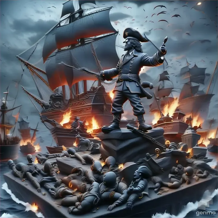 a pirate standing on top of a boat in the ocean