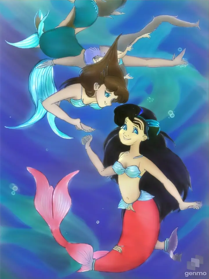 two mermaids are swimming in the water