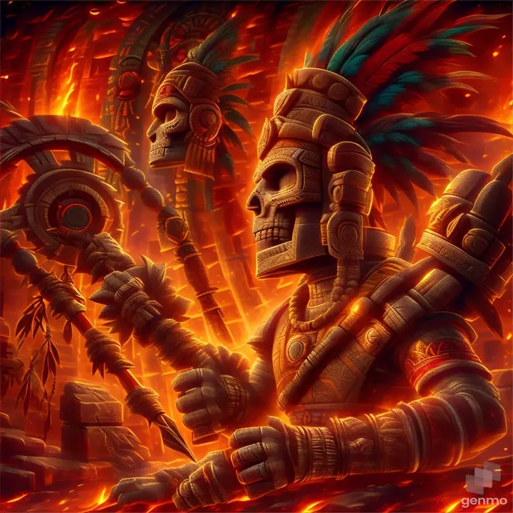 a ln aztec warrior in front of a fire marching for battle