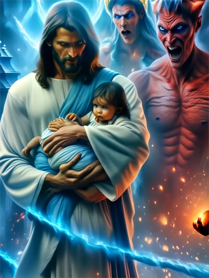 a painting of jesus holding a baby in his arms