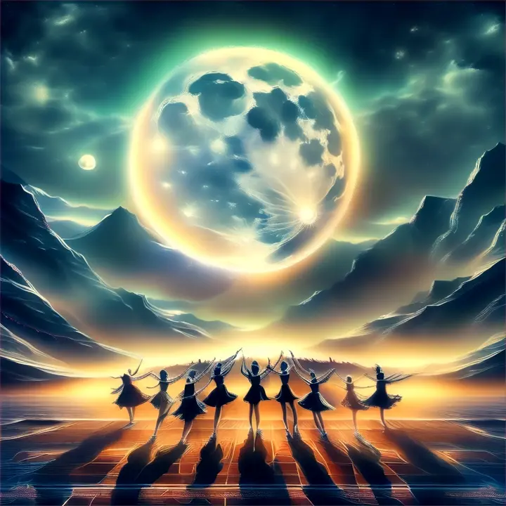 The final montage of dancers under the moonlight, moving as one, their souls refined and shining, encapsulating the essence of the moon’s rhythm guiding them through an endless, blessed night.