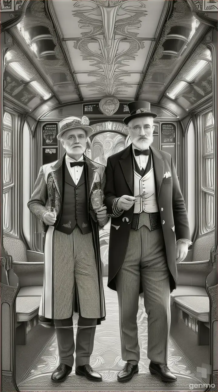 9x16 canvas, black and white colors, art nouveau style, two old men in ballet costumes standing side by side in a punk train compartment