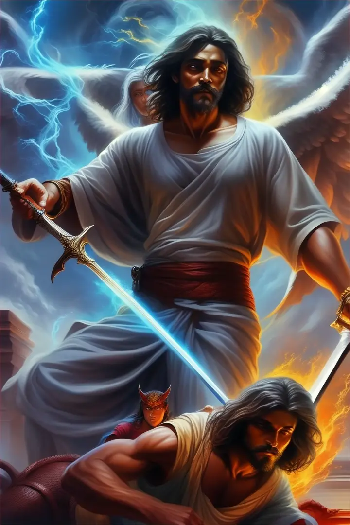 a painting of a god holding a sword next to a demon