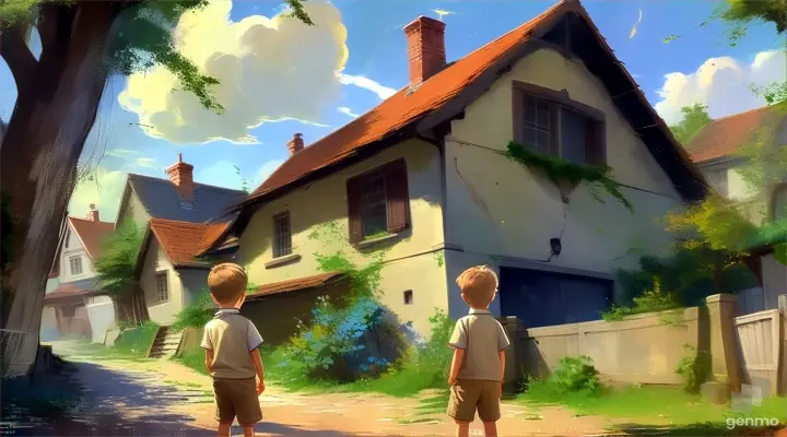 a painting of only one little boy that is standing in the dirt