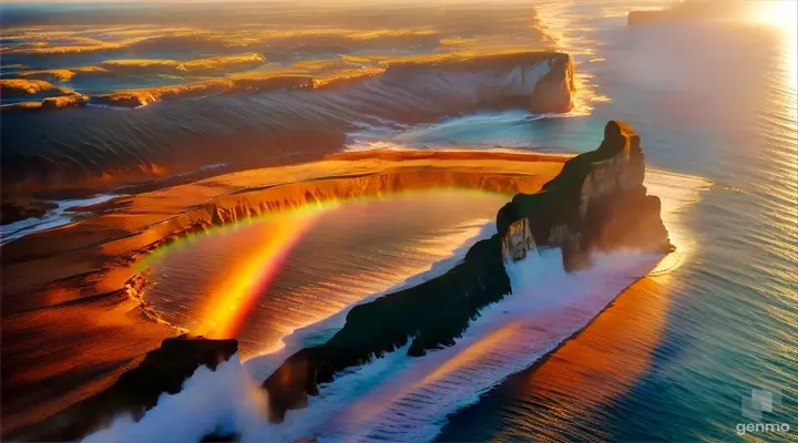 Flying over sea cliffs on a bright sunny day, with rainbow formed by ocean spray and seagulls coasting over the cliffs