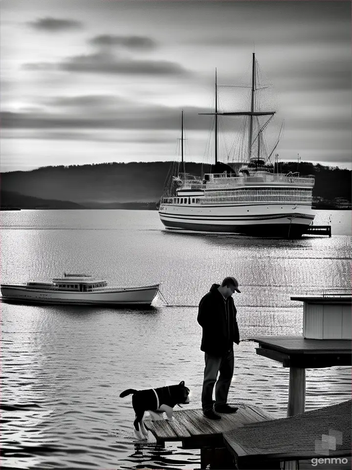 a man standing on a dock next to a dog, 9x16 canvas, black and white colors, realistic