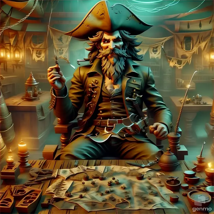 a painting of a pirate sitting at a table