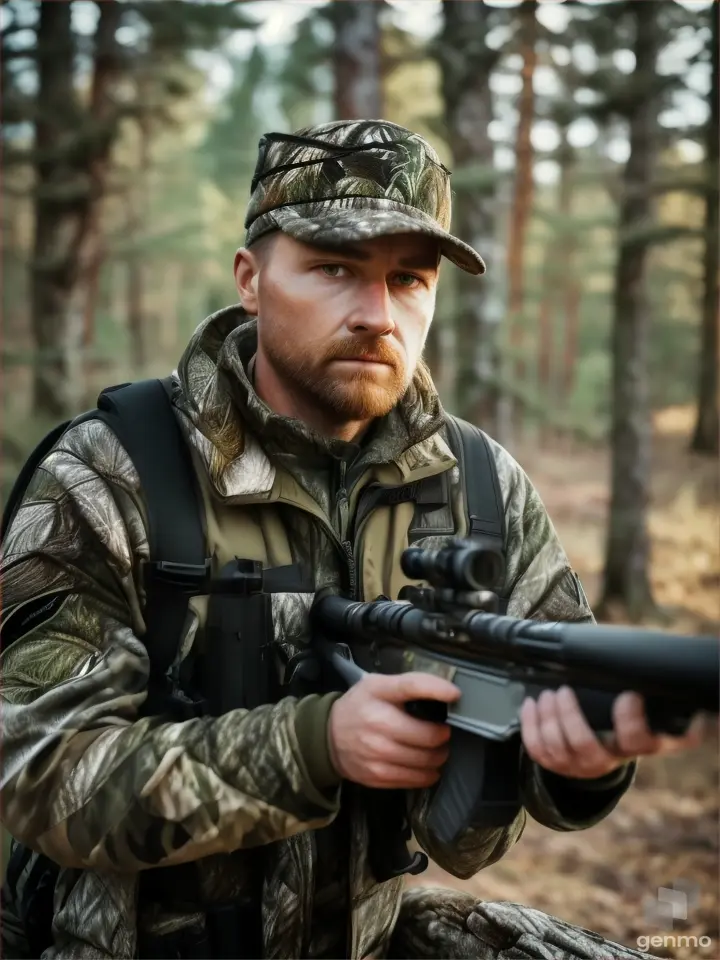 A hunter, dressed in a camouflaged outfit, checks his gear early in the morning.