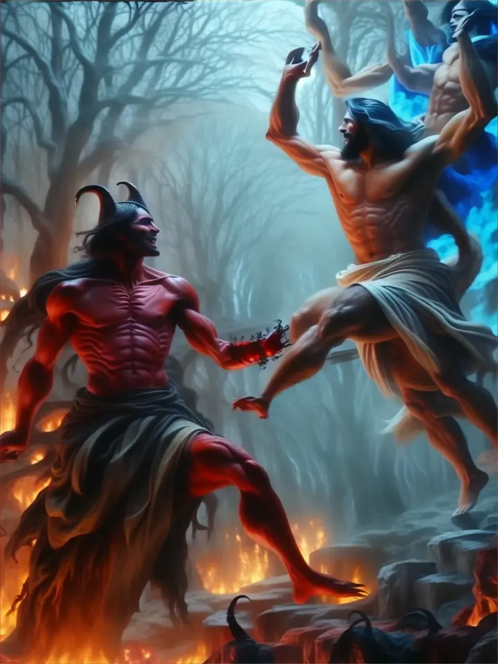 a painting of demon  fighting versus god