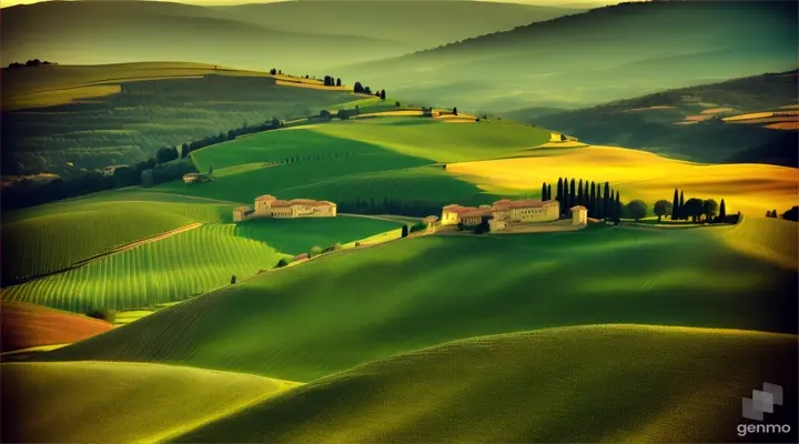 A picturesque view of rolling Tuscan hills, lined with tall, Italian Cypress trees and historic stone structures