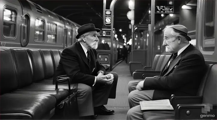 16. 40 yrs back in midnight, William and a stranger was sitting on a platform-sofa in  Railway station's . full screen video