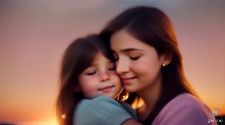 A mother embraces her child in a dreamy, star-filled sky during a warm summer night