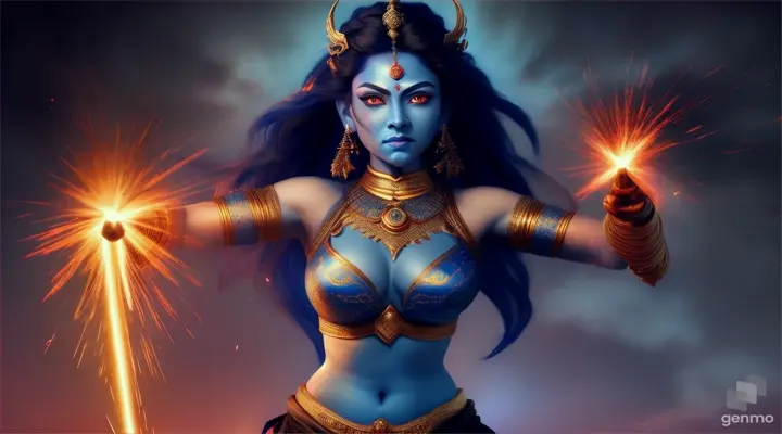 A portrait of a fierce, blue Kali goddess with red eyes and four arms standing in front of a starry night sky, with sparks flying from her sword, full body, realistic.