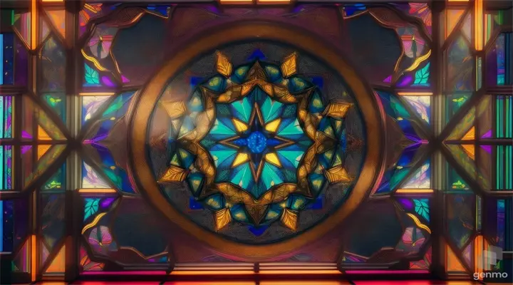 Futuristic stained glass window featuring cosmic motifs in a sleek, glowing interior