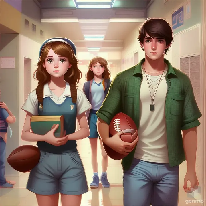 a boy and a girl standing in a hallway with a football