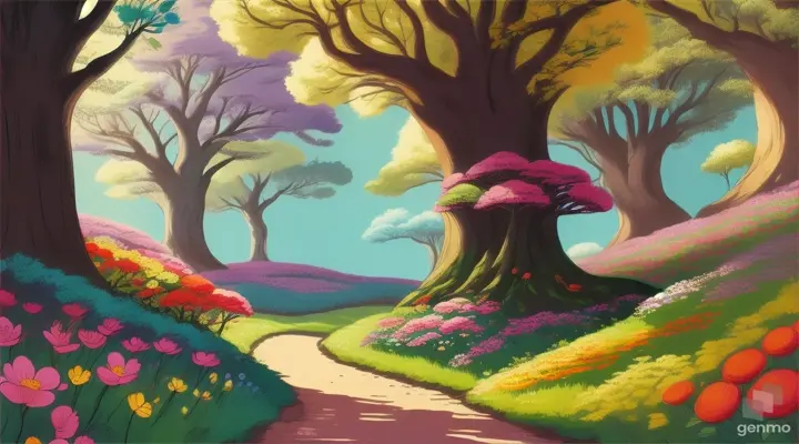 a playfull cartoon of a beautifull with green trees and colorfull flowers and fruits forest in 16:9 ratio